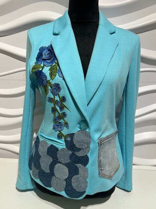 Azure Bloom Denim Collage Blazer