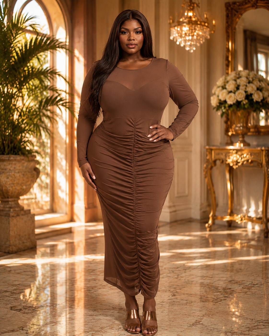 Cocoa Luxe Ruched Maxi Dress
